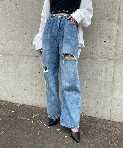 non-hedge（ノンヘッジ）の「ボタンダメージワイドパンツ（デニムパンツ・レディース・グレー/ブルー・M）」の2枚目の写真