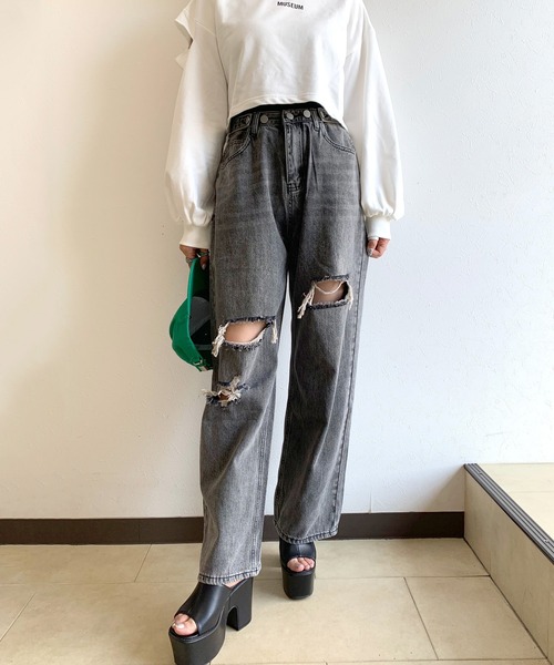 non-hedge（ノンヘッジ）の「ボタンダメージワイドパンツ（デニムパンツ・レディース・グレー/ブルー・M）」の13枚目の写真