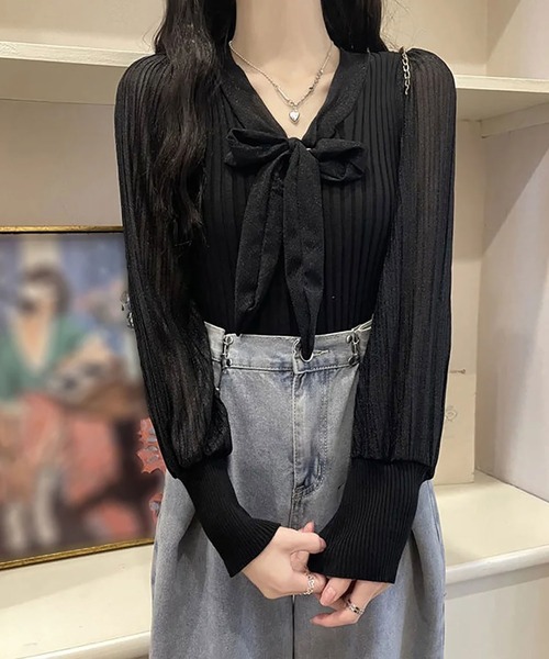 NinaetLina（ニナエリナ）の「プリーツ異素材リブニット（ニット/セーター・レディース・ブラック/ベージュ/ホワイト・FREE）」の5枚目の写真