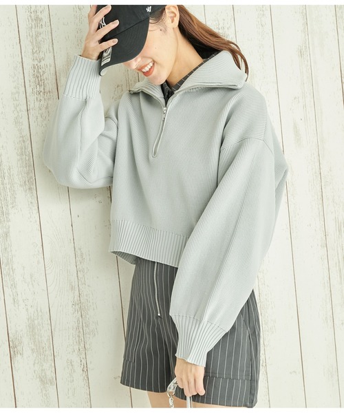 ANAP(アナップ)の「クロップドハーフジップスポンジニットトップス(ニット/セーター・レディース・ブラック/グリーン/グレー・FREE)」の1枚目の写真