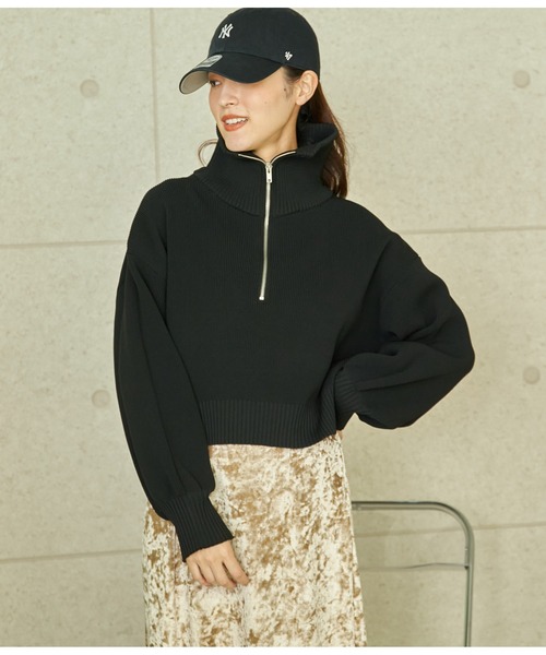 ANAP(アナップ)の「クロップドハーフジップスポンジニットトップス(ニット/セーター・レディース・ブラック/グリーン/グレー・FREE)」の4枚目の写真