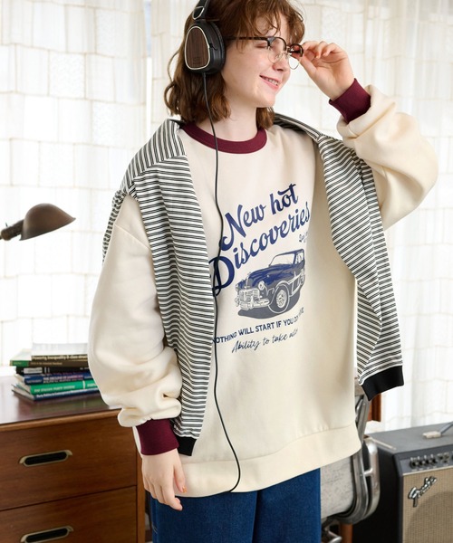 MONO-MART LADY'S(モノマートレディース)の「ヴィンテージライクイラストプリントリンガースウェット(スウェット・レディース・アイボリー/アイボリー系2/ベージュ系1/オートミール/アイボリー系1・FREE)」の4枚目の写真