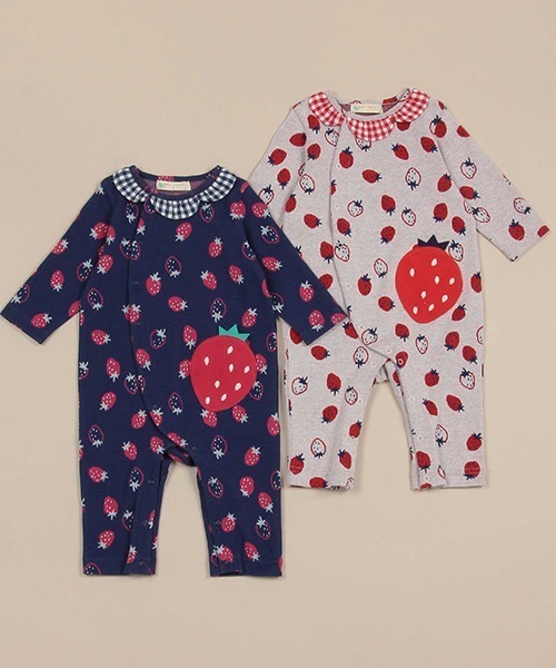 baby cheer(ベイビーチアー)の「いちごジャカードカバーオール(ロンパース・キッズ・キナリ/ネイビー・70cm/80cm)」の3枚目の写真