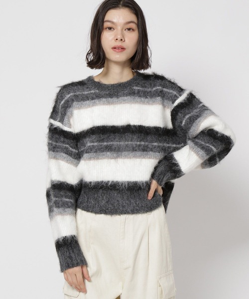 niko and...（ニコアンド）の「ブラッシュボーダーニット（ニット/セーター・レディース・ブルー/ブラック/アイボリー・BIG(L)/SHORT）」の6枚目の写真