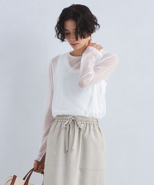 green label relaxing（グリーンレーベルリラクシング）の「ハイメッシュ チュール クルーネック プルオーバー（Tシャツ/カットソー・レディース・ホワイト/ベージュ/オリーブ/ダークグレー/ブラック・FREE）」の2枚目の写真