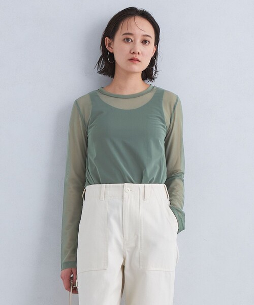 green label relaxing（グリーンレーベルリラクシング）の「ハイメッシュ チュール クルーネック プルオーバー（Tシャツ/カットソー・レディース・ホワイト/ベージュ/オリーブ/ダークグレー/ブラック・FREE）」の5枚目の写真