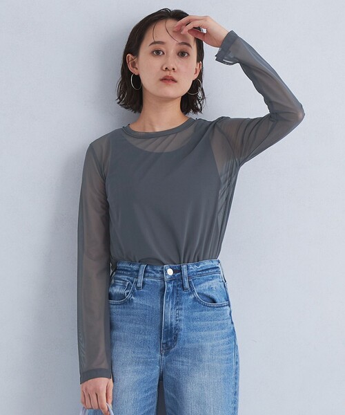 green label relaxing（グリーンレーベルリラクシング）の「ハイメッシュ チュール クルーネック プルオーバー（Tシャツ/カットソー・レディース・ホワイト/ベージュ/オリーブ/ダークグレー/ブラック・FREE）」の3枚目の写真