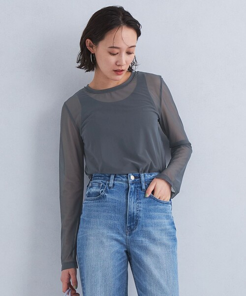 green label relaxing（グリーンレーベルリラクシング）の「ハイメッシュ チュール クルーネック プルオーバー（Tシャツ/カットソー・レディース・ホワイト/ベージュ/オリーブ/ダークグレー/ブラック・FREE）」の6枚目の写真