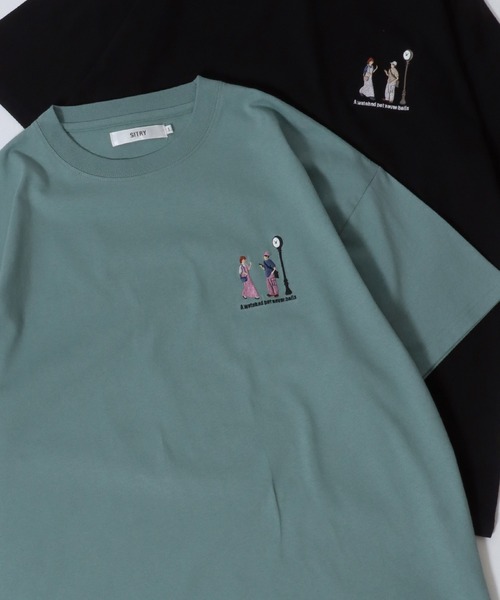 SITRY(シトリー)の「SITRY Couple Embroidery T-shirt/別注 オーバーサイズ カップル ワンポイント刺繍 半袖Tシャツ レディース メンズ(Tシャツ/カットソー・メンズ・ホワイト/ホワイト系その他/ベージュ系その他/グリーン/ブラック/グレイッシュベージュ/ブルー/ブラック系その他・M/L/XL)」の7枚目の写真