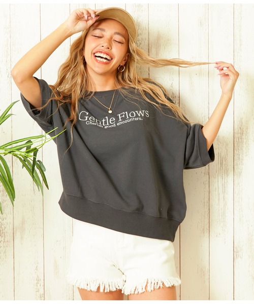 anap mimpi（アナップミンピ）の「ガーゼ裏毛 5分袖 ロゴ 刺繍 スウェット プルオーバー（Tシャツ/カットソー・レディース・グレー/ダークグレー・FREE）」の15枚目の写真