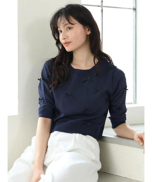 セール】・AND SEARCH メニーリボン5分袖ニット（ニット/セーター