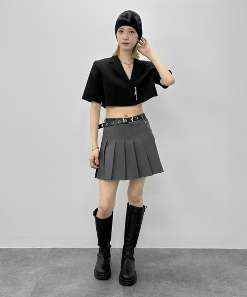 jiasecond.（ジアセカンド）の「【jiasecond.】フロントジップ半袖ジャケット / アウター ジャケット 半袖 ジップ ファスナー クロップド ショート モード シンプル ブラック グレー ブルー（テーラードジャケット・レディース・ブルー/グレー/ブラック・FREE）」の4枚目の写真