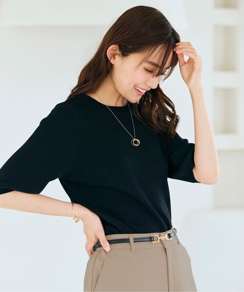 grove(グローブ)の「◆【ひんやり多機能】やわらかドライタッチ五分袖プルオーバー(ニット/セーター・レディース・チャコールグレー/ブラック系2/グリーン/オフホワイト/ブラック・02/03/01/04/05)」の3枚目の写真