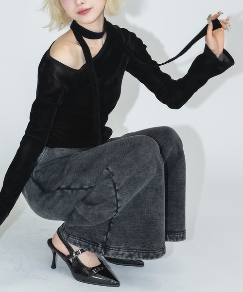 セール】タイ付きシアーベロアオフショルトップス（Tシャツ/カットソー