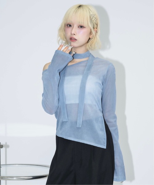 タイ付きシアーベロアオフショルトップス（Tシャツ/カットソー