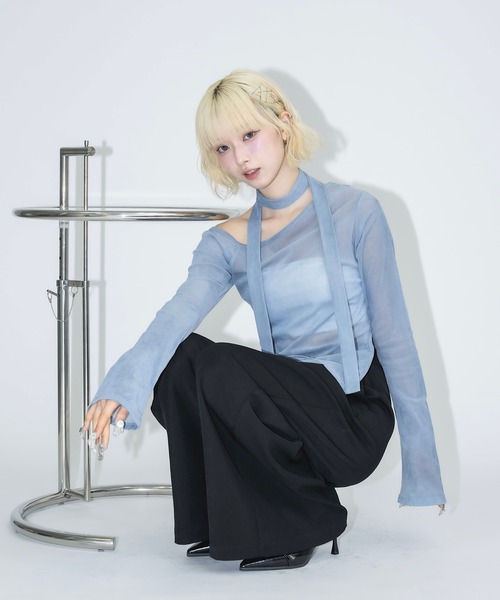 タイ付きシアーベロアオフショルトップス（Tシャツ/カットソー