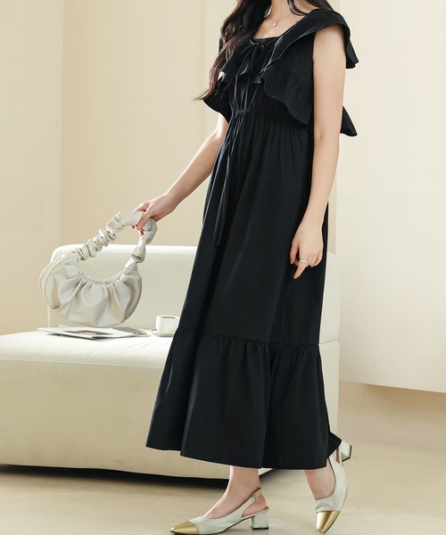 Lace Ladies(レースレディース)の「【2点セット】ボレロ付き フリルカラー ハイウエスト ティアード ロング コットン ワンピース(ワンピース・レディース・グレー/ブラック/ラベンダー・FREE)」の4枚目の写真