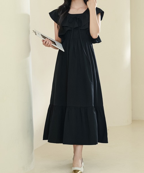 Lace Ladies(レースレディース)の「【2点セット】ボレロ付き フリルカラー ハイウエスト ティアード ロング コットン ワンピース(ワンピース・レディース・グレー/ブラック/ラベンダー・FREE)」の7枚目の写真