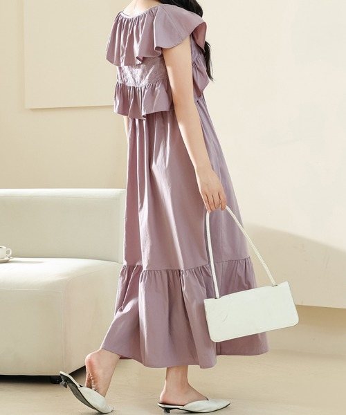 ゆったりサイズレースフリルローウエストワンピース。.＊ XS-Lサイズあり【SETTAN/セッタン】フラワーレース/ フリル