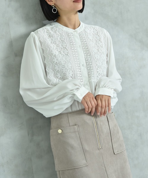 INTERPLANET（インタープラネット）の「デシン＊レース長袖シャツ（シャツ/ブラウス・レディース・オフホワイト/ブラック・FREE）」の14枚目の写真