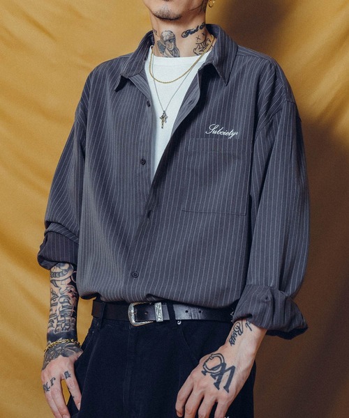 Subciety(サブサエティ)の「WOOL-LIKE LOOSE STRIPE SHIRT(シャツ/ブラウス・メンズ・ホワイト/グレー/ブルー/ネイビー/ブラック・X-LARGE/LARGE/MEDIUM/SMALL)」の3枚目の写真