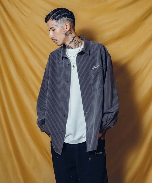 Subciety(サブサエティ)の「WOOL-LIKE LOOSE STRIPE SHIRT(シャツ/ブラウス・メンズ・ホワイト/グレー/ブルー/ネイビー/ブラック・X-LARGE/LARGE/MEDIUM/SMALL)」の16枚目の写真