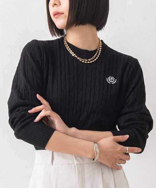 marie claire bis(マリクレール ビス)の「【別注】marie claire bis/マリ・クレール ビス ケーブル編み ブランド ワンポイント ロゴ 刺繍 クルーニット 長袖 セーター(ニット/セーター・レディース・ブラック/ブルー/ベージュ系その他・M/L)」の5枚目の写真