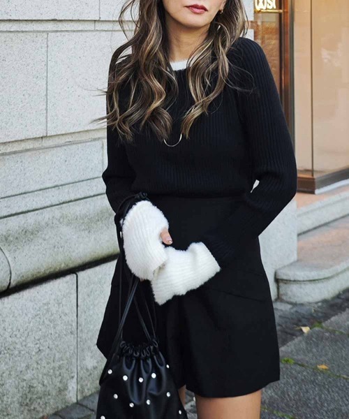 esutoreja（エストレジャ）の「バイカラーリブニットトップス（ニット/セーター・レディース・グレー/アイボリー/ブラック/チャコール・FREE）」の2枚目の写真