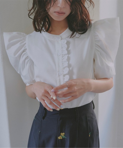 セール】スカラップデザインボリュームスリーブブラウス（シャツ
