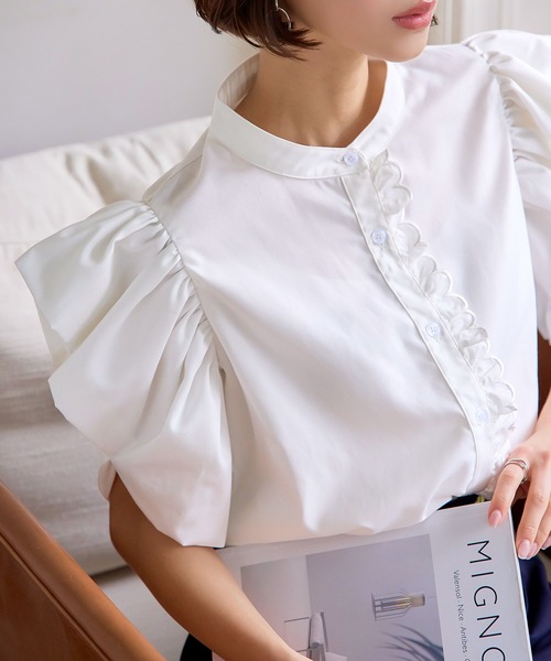 セール】スカラップデザインボリュームスリーブブラウス（シャツ