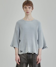 Ruelle（ルーエル）の「【Ruelle】Faded Distressed Cropped Short-Sleeve Knit Top / フェードダメージ加工半袖クロップド丈ニットソー（ニット/セーター）」