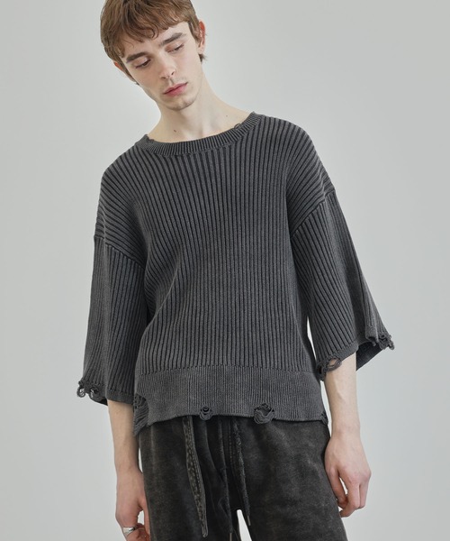 セール】【Ruelle】Faded Distressed Cropped Short-Sleeve Knit Top