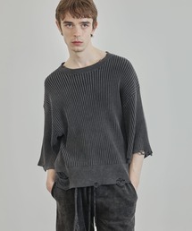 Ruelle（ルーエル）の「【Ruelle】Faded Distressed Cropped Short-Sleeve Knit Top / フェードダメージ加工半袖クロップド丈ニットソー（ニット/セーター）」