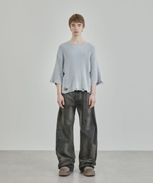 Ruelle（ルーエル）の「【Ruelle】Faded Distressed Cropped Short-Sleeve Knit Top / フェードダメージ加工半袖クロップド丈ニットソー（ニット/セーター）」