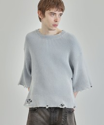 Ruelle（ルーエル）の「【Ruelle】Faded Distressed Cropped Short-Sleeve Knit Top / フェードダメージ加工半袖クロップド丈ニットソー（ニット/セーター）」