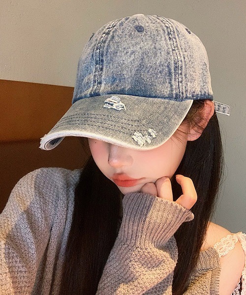 ワンポイント刺繍ロゴダメージ加工デニムベースボールキャップ