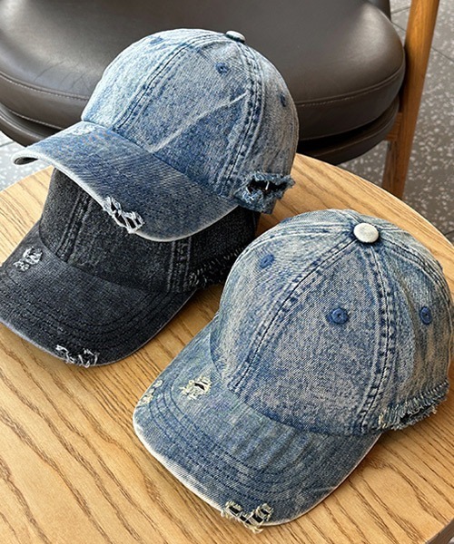 ワンポイント刺繍ロゴダメージ加工デニムベースボールキャップ