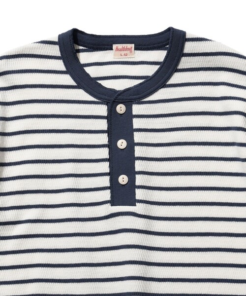 Healthknit（ヘルスニット）の「Healthknit / 別注 Honeycomb Thermal Henry Neck T-shirt Horizontal Stripe（Tシャツ/カットソー・メンズ・ホワイト系その他/ホワイト系その他2・XL/L/M/S）」の4枚目の写真