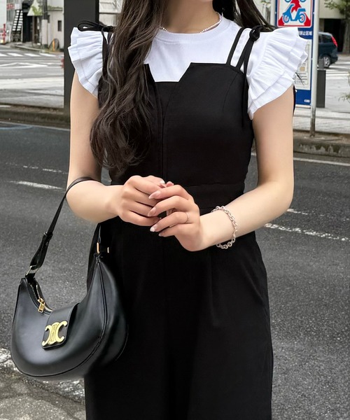 JUNOAH（ジュノア）の「リネン混ショルダーリボンデザインオールインワン（つなぎ/オールインワン・レディース・アイボリー/チャコール/ブラック・LARGE/MEDIUM/SMALL）」の2枚目の写真