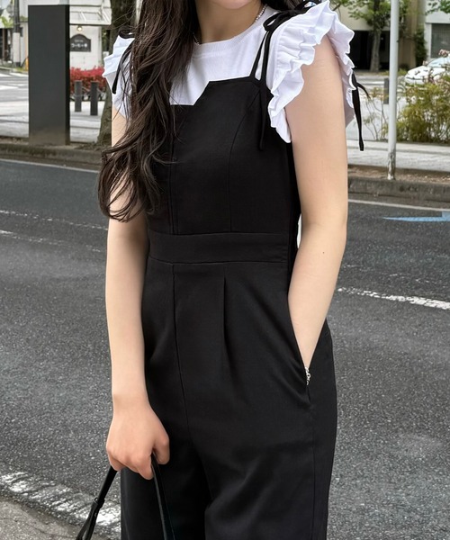 JUNOAH（ジュノア）の「リネン混ショルダーリボンデザインオールインワン（つなぎ/オールインワン・レディース・アイボリー/チャコール/ブラック・LARGE/MEDIUM/SMALL）」の9枚目の写真