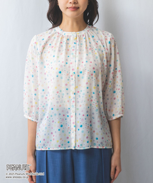 NARACAMICIE(ナラカミーチェ)の「【PEANUTS】シャボン玉柄ジョーゼット七分袖ブラウス(シャツ/ブラウス・レディース・ホワイト/ブルー・XL/L/M/S/XXL)」の4枚目の写真