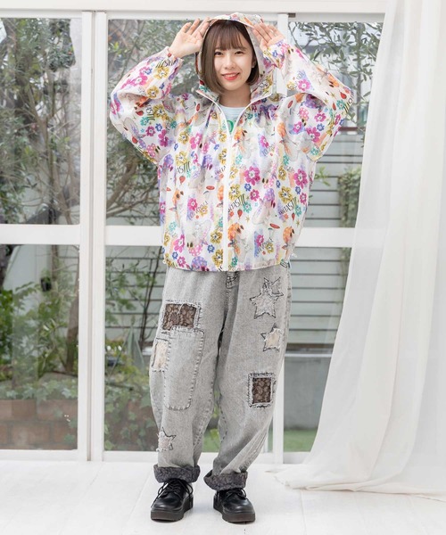 スカラー ScoLar ワンちゃん・アート花柄 2柄展開シアーパーカー （ピンク） スカラー ScoLar ワンちゃん・アート花柄 2柄展開シアーパーカー
