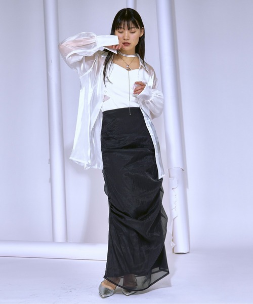 Ezick（エジック）の「Waist　tuck　design　光沢シアーシャツ（シャツ/ブラウス・レディース・オフホワイト/ブラック・FREE）」の22枚目の写真