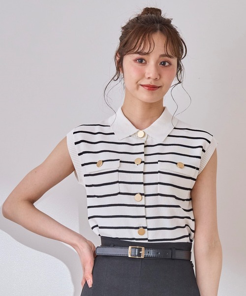 31 Sons de mode(トランテアン ソン ドゥ モード)の「2025春夏新作 取り外し襟付きニット(ニット/セーター・レディース・ピンク/イエロー/ネイビー/ホワイト×ブラック・フリ-)」の13枚目の写真