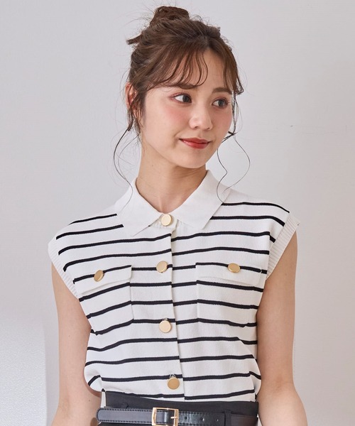 31 Sons de mode(トランテアン ソン ドゥ モード)の「2025春夏新作 取り外し襟付きニット(ニット/セーター・レディース・ピンク/イエロー/ネイビー/ホワイト×ブラック・フリ-)」の14枚目の写真