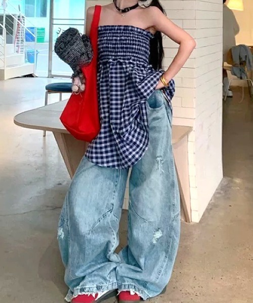 SHEENA(シーナ)の「チェック柄シャーリングベアチュニック(キャミソール・レディース・ネイビー・M)」の5枚目の写真