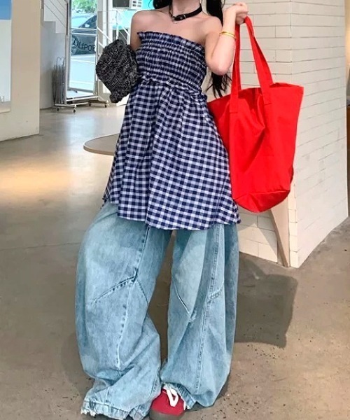 SHEENA(シーナ)の「チェック柄シャーリングベアチュニック(キャミソール・レディース・ネイビー・M)」の6枚目の写真