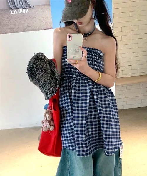 SHEENA(シーナ)の「チェック柄シャーリングベアチュニック(キャミソール・レディース・ネイビー・M)」の10枚目の写真