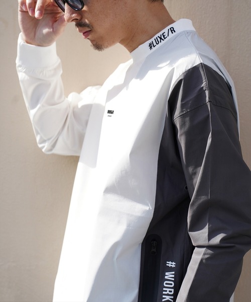 LUXE/R GOLF(ラグジュ ゴルフ)の「(RM)【LUXE/R GOLF】ストレッチ クロス 切り替え 配色 モックネック プルオーバー シャツ(スウェット・メンズ・ベージュ系/ブラック系/ホワイト系・L/XL/M)」の1枚目の写真