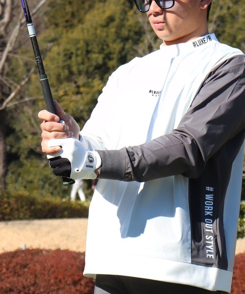 LUXE/R GOLF(ラグジュ ゴルフ)の「(RM)【LUXE/R GOLF】ストレッチ クロス 切り替え 配色 モックネック プルオーバー シャツ(スウェット・メンズ・ベージュ系/ブラック系/ホワイト系・L/XL/M)」の4枚目の写真